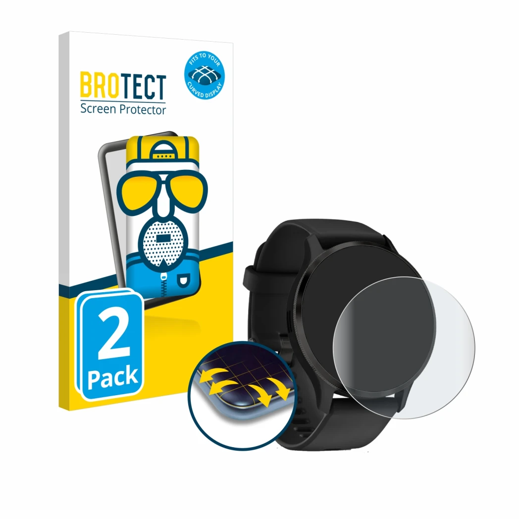 Parte frontal de un envase de producto con el logotipo de la marca BROTECT. Al lado se muestra el dispositivo Garmin Venu 3 co