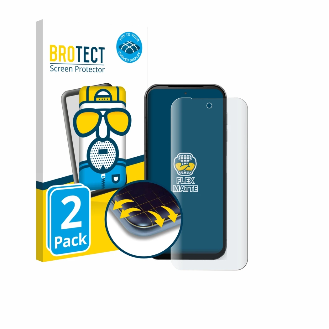 Parte frontal de un envase de producto con el logotipo de la marca BROTECT. Al lado se muestra el dispositivo Fairphone 5 con 