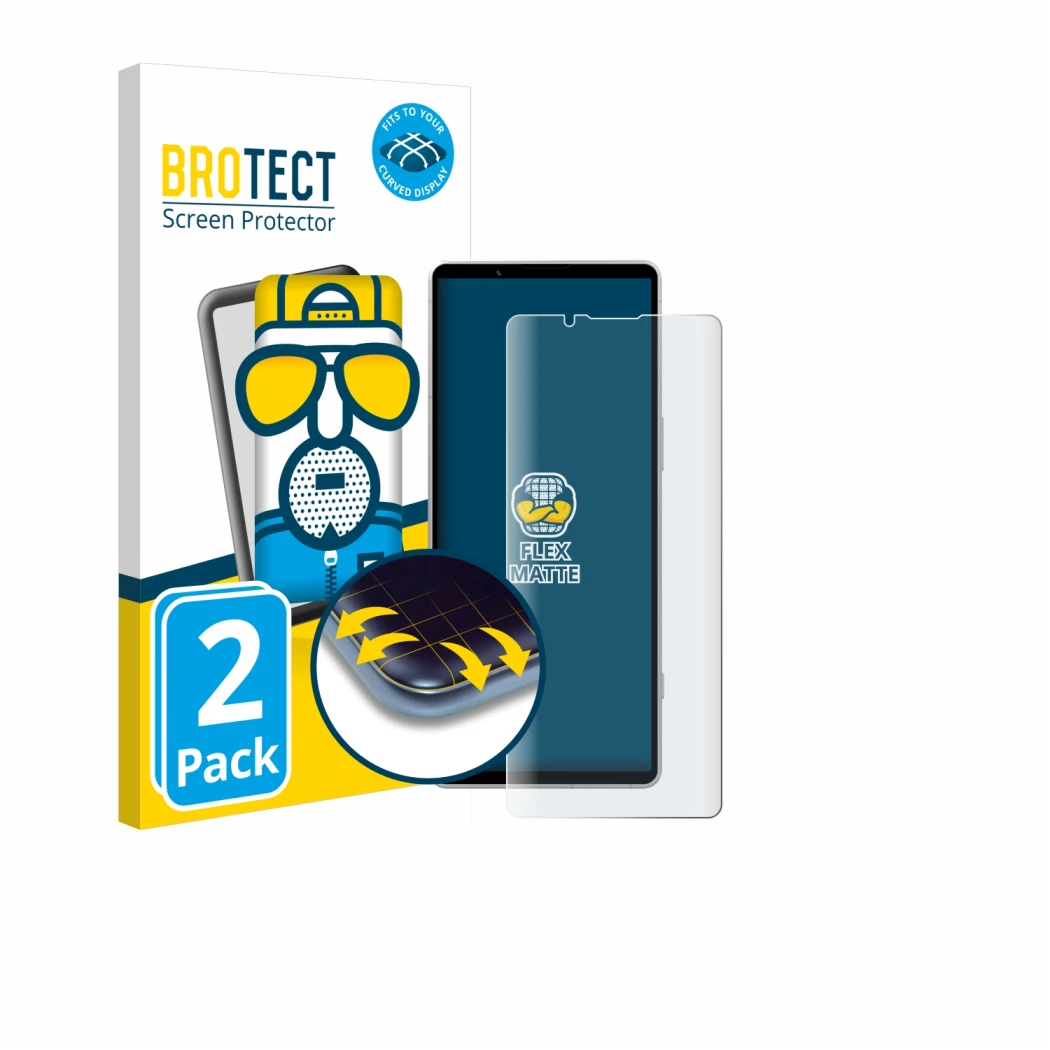 Parte frontal de un envase de producto con el logotipo de la marca BROTECT. Al lado se muestra el dispositivo Sony Xperia 5 V 