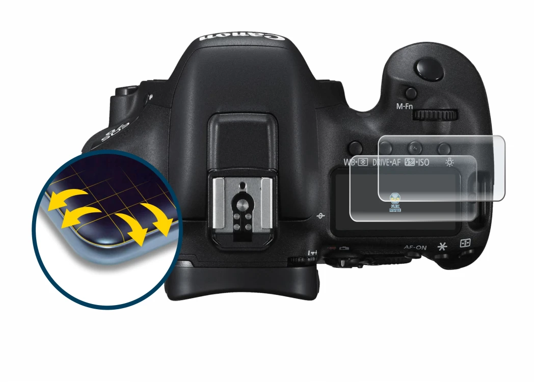 Imagen del dispositivo Canon EOS 7D Mark II (pantalla de hombro) con una amplia variedad de protectores de pantalla.