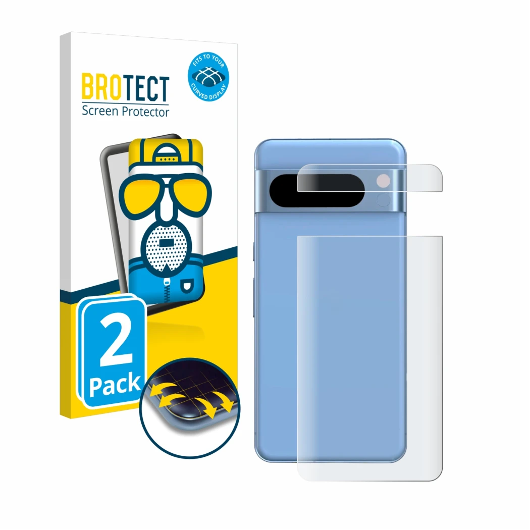 Parte frontal de un envase de producto con el logotipo de la marca BROTECT. Al lado se muestra el dispositivo Google Pixel 8 P