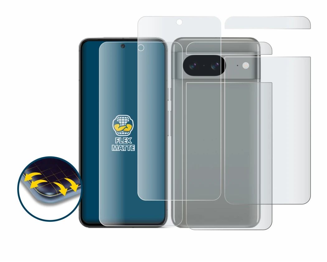 Imagen del dispositivo Google Pixel 8 (Frontal+Trasero) con una amplia variedad de protectores de pantalla.