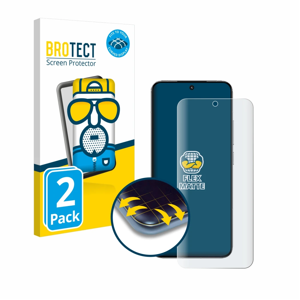 Parte frontal de un envase de producto con el logotipo de la marca BROTECT. Al lado se muestra el dispositivo Xiaomi 14 con su