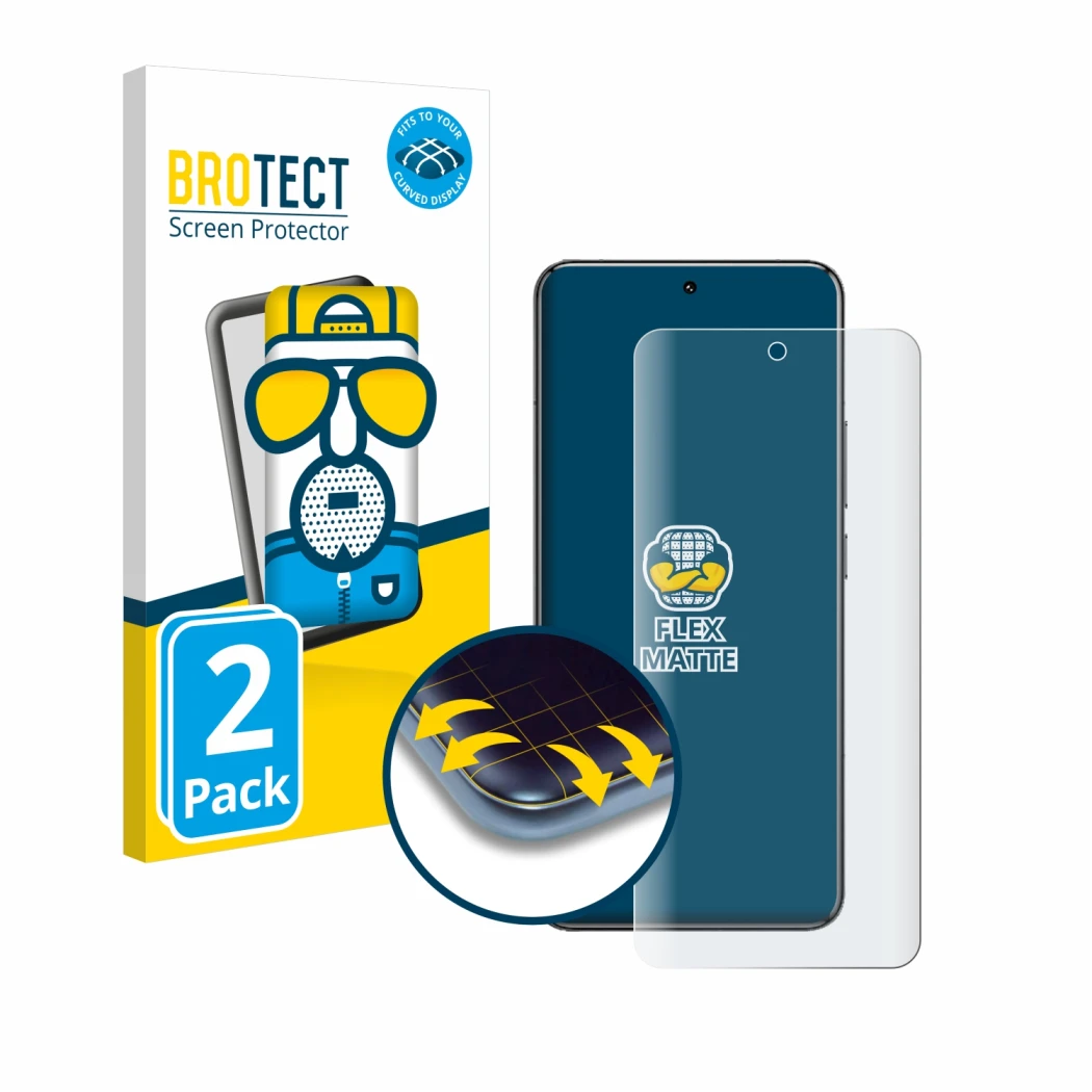 Parte frontal de un envase de producto con el logotipo de la marca BROTECT. Al lado se muestra el dispositivo Xiaomi 14 Pro co