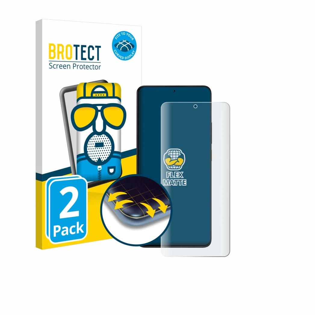 Parte frontal de un envase de producto con el logotipo de la marca BROTECT. Al lado se muestra el dispositivo Xiaomi Poco X6 P