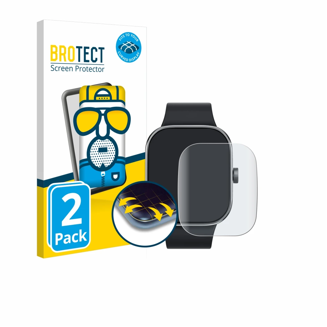 Parte frontal de un envase de producto con el logotipo de la marca BROTECT. Al lado se muestra el dispositivo Xiaomi Redmi Wat