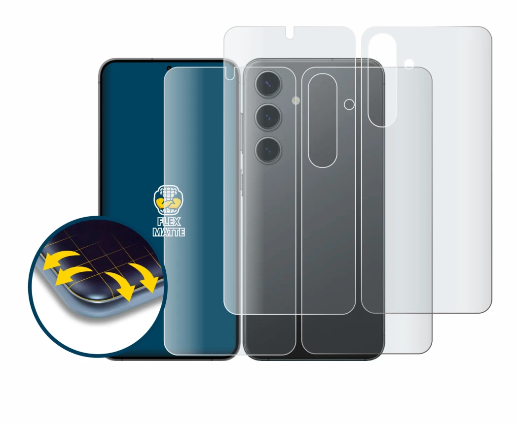 Imagen del dispositivo Samsung Galaxy S24 (Frontal+Trasero) con una amplia variedad de protectores de pantalla.