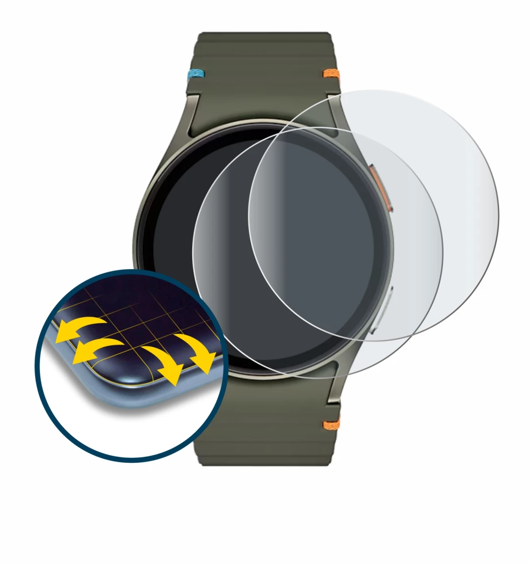 Imagen del dispositivo Samsung Galaxy Watch 7 (40 mm) con una amplia variedad de protectores de pantalla.