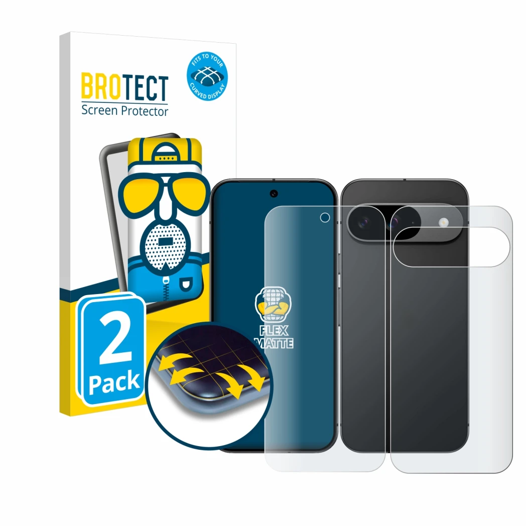 Parte frontal de un envase de producto con el logotipo de la marca BROTECT. Al lado se muestra el dispositivo Google Pixel 9 (