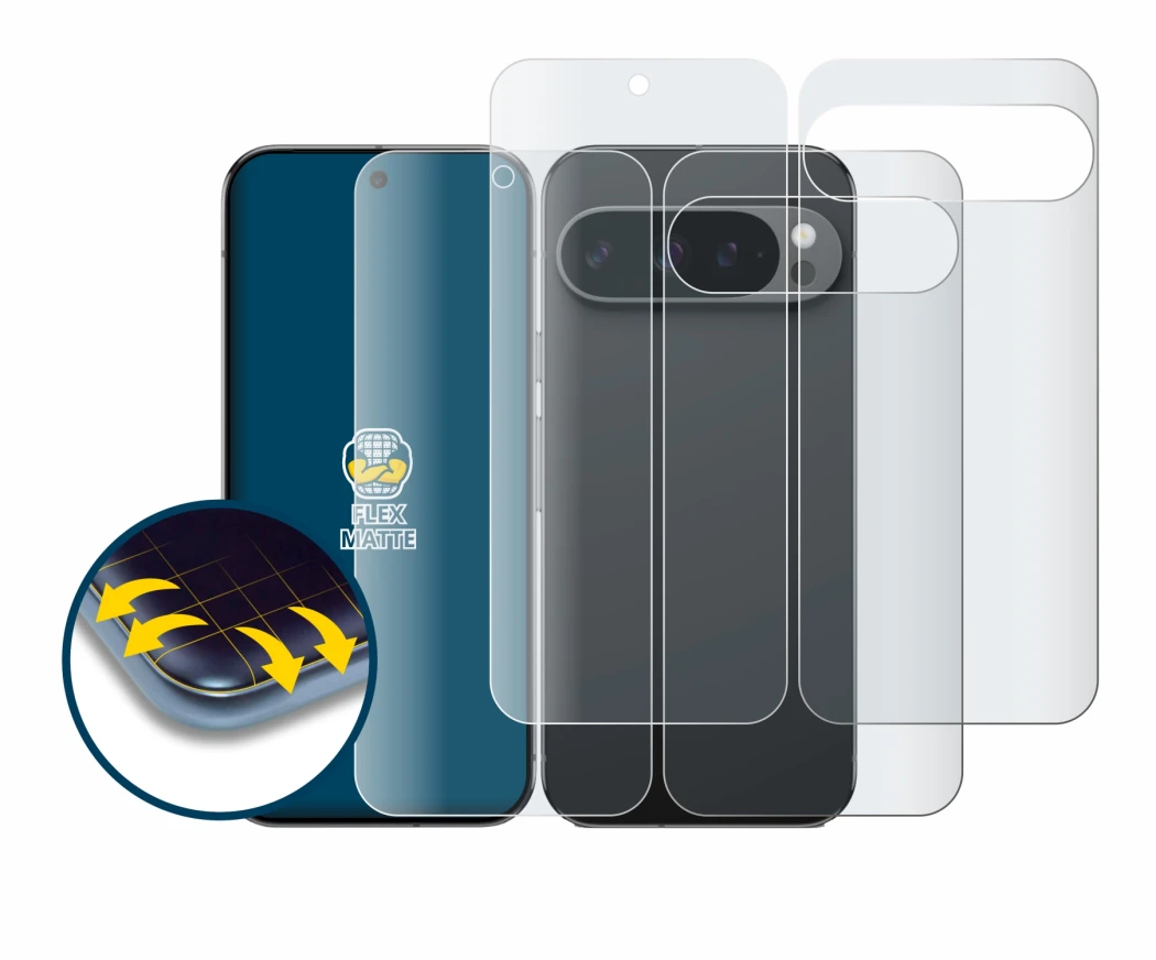 Imagen del dispositivo Google Pixel 9 Pro XL (Frontal+Trasero) con una amplia variedad de protectores de pantalla.