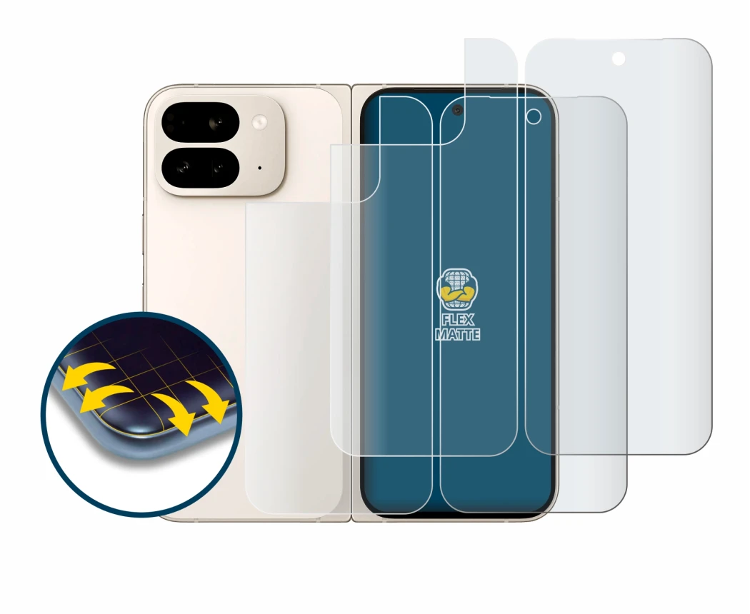 Imagen del dispositivo Google Pixel 9 Pro Fold (Frontal+Trasero) con una amplia variedad de protectores de pantalla.