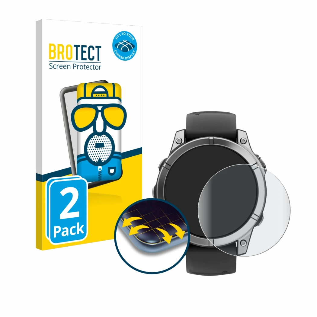 Parte frontal de un envase de producto con el logotipo de la marca BROTECT. Al lado se muestra el dispositivo Garmin Fenix E c
