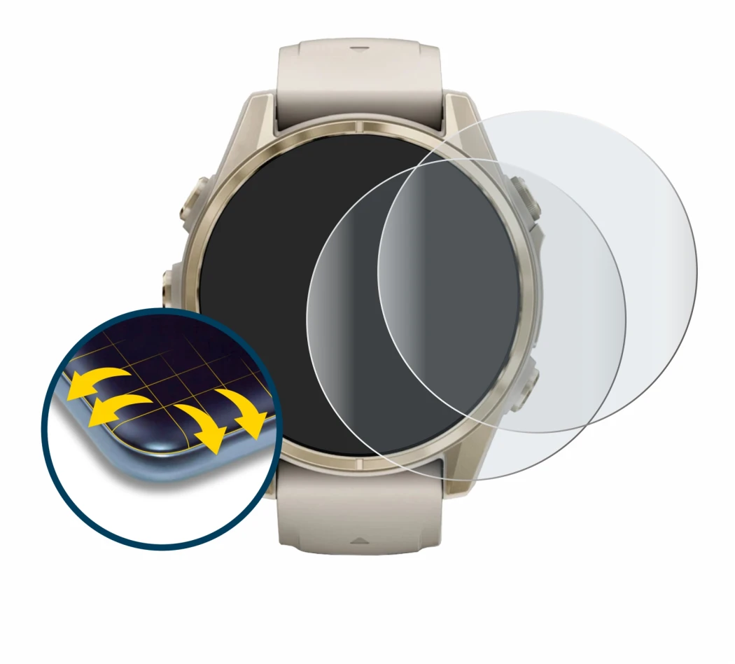 Imagen del dispositivo Garmin Fenix 8 (43 mm) con una amplia variedad de protectores de pantalla.