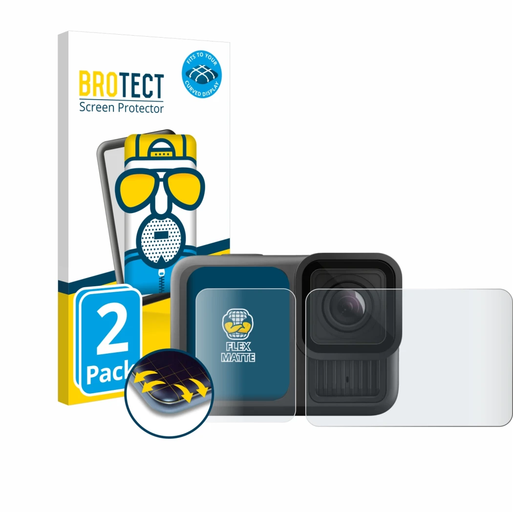 Parte frontal de un envase de producto con el logotipo de la marca BROTECT. Al lado se muestra el dispositivo GoPro Hero 13 Bl