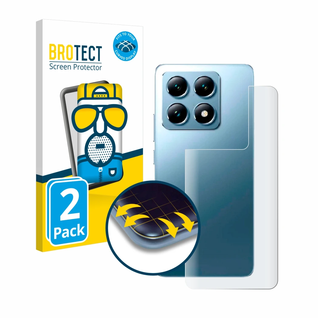 Parte frontal de un envase de producto con el logotipo de la marca BROTECT. Al lado se muestra el dispositivo Xiaomi 14T Pro (