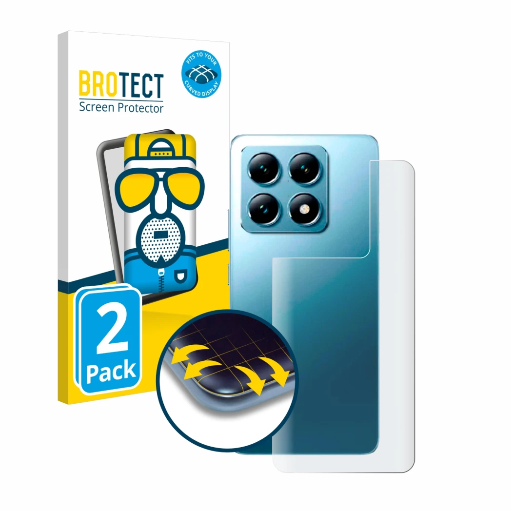 Parte frontal de un envase de producto con el logotipo de la marca BROTECT. Al lado se muestra el dispositivo Xiaomi 14T (Tras