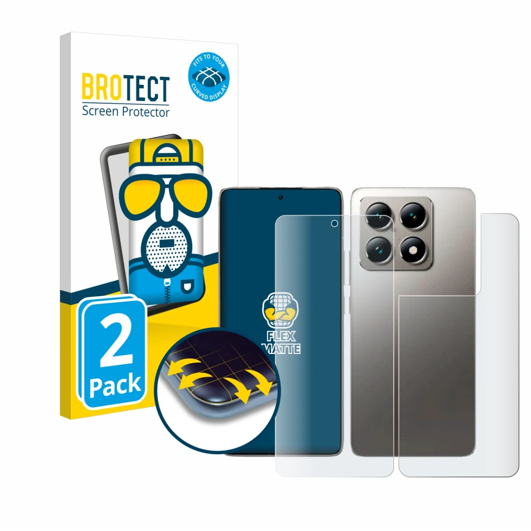 Parte frontal de un envase de producto con el logotipo de la marca BROTECT. Al lado se muestra el dispositivo Xiaomi 14T (Fron