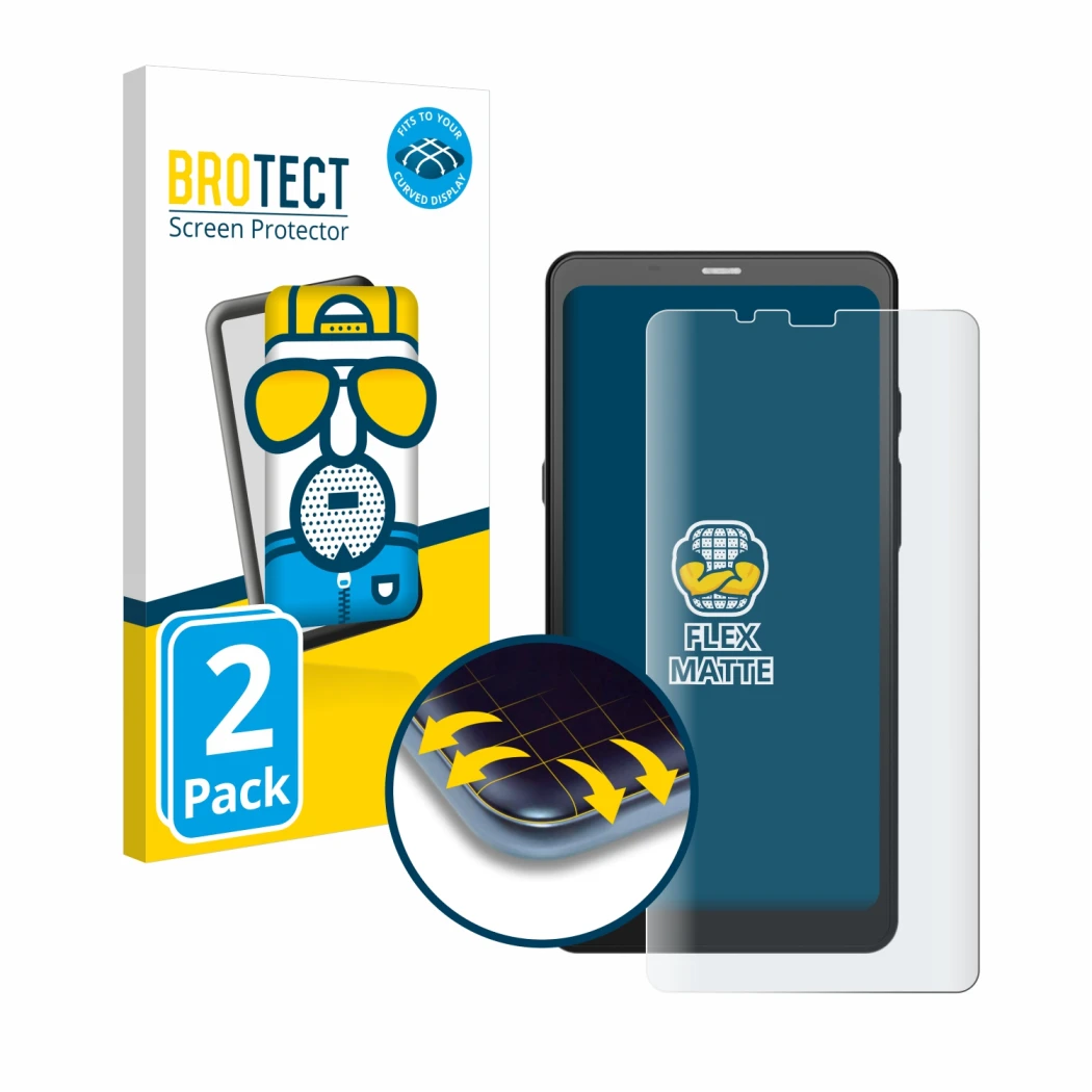 Parte frontal de un envase de producto con el logotipo de la marca BROTECT. Al lado se muestra el dispositivo Boox Palma 2 con