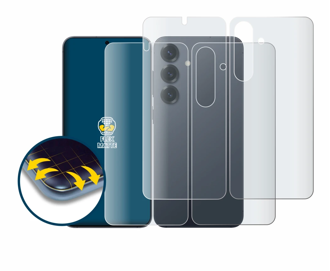 Imagen del dispositivo Samsung Galaxy S25 (Frontal+Trasero) con una amplia variedad de protectores de pantalla.