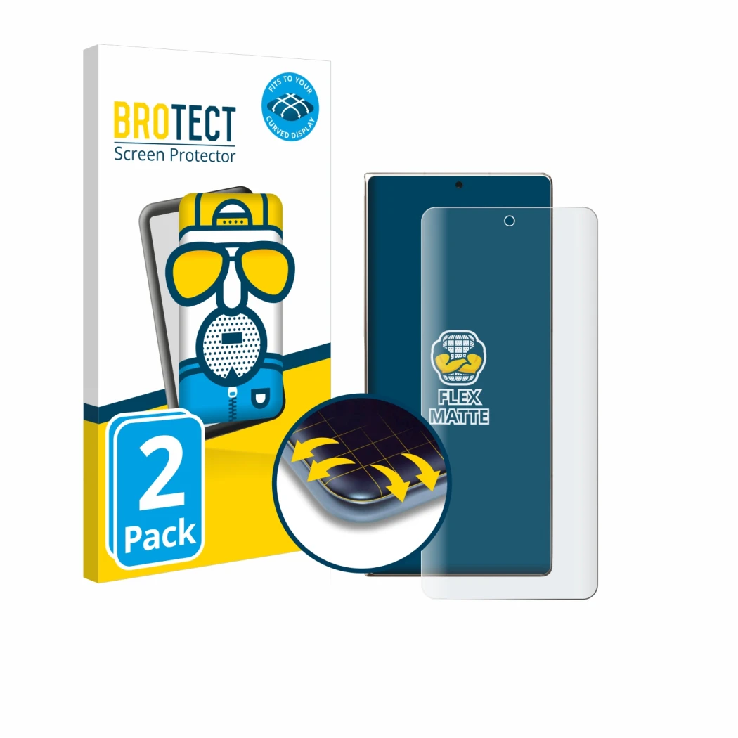 Parte frontal de un envase de producto con el logotipo de la marca BROTECT. Al lado se muestra el dispositivo Huawei Mate X6 c