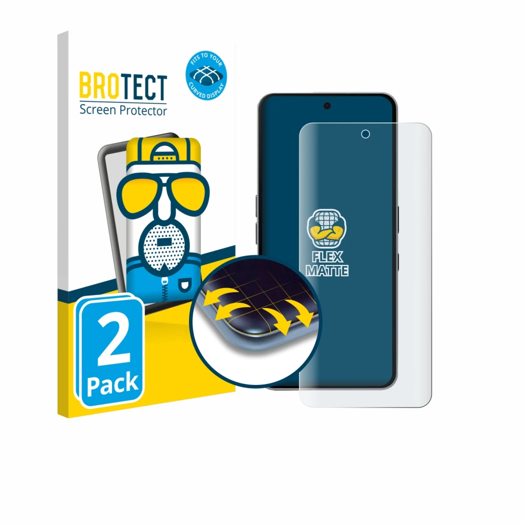 Parte frontal de un envase de producto con el logotipo de la marca BROTECT. Al lado se muestra el dispositivo Nothing Phone (3