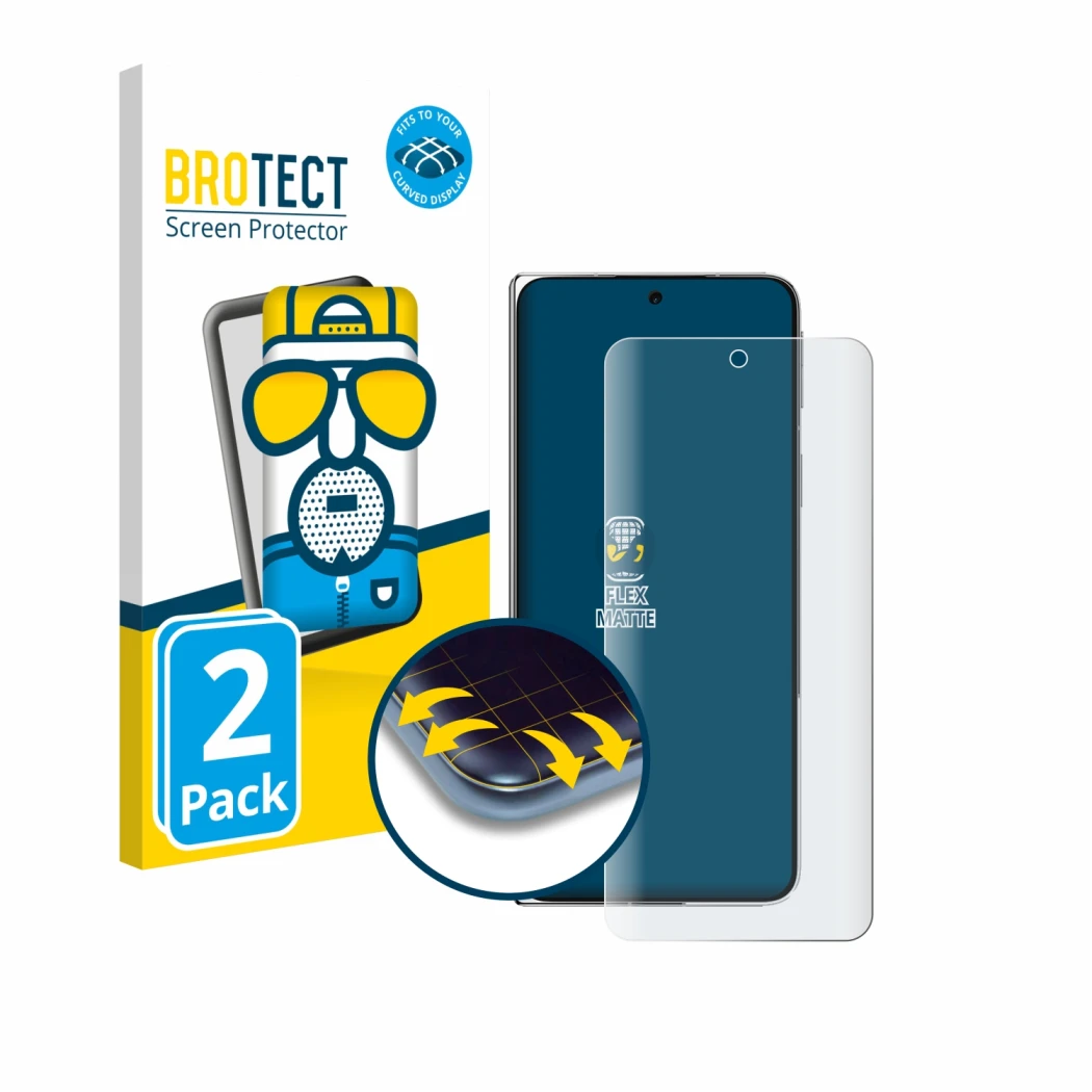 Parte frontal de un envase de producto con el logotipo de la marca BROTECT. Al lado se muestra el dispositivo Oppo Find N5 con