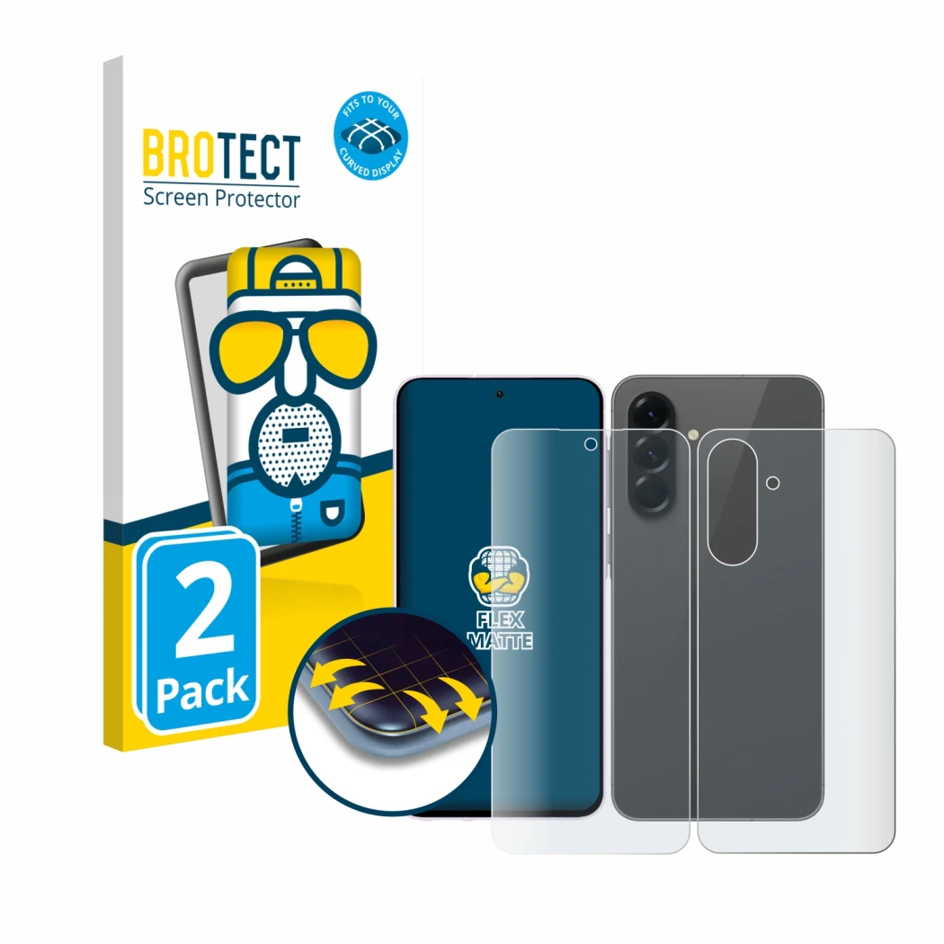 Parte frontal de un envase de producto con el logotipo de la marca BROTECT. Al lado se muestra el dispositivo Samsung Galaxy A