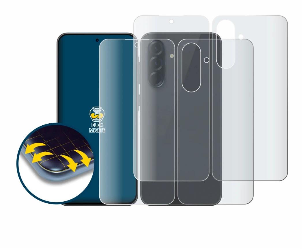 Imagen del dispositivo Samsung Galaxy A36 5G (Frontal+Trasero) con una amplia variedad de protectores de pantalla.