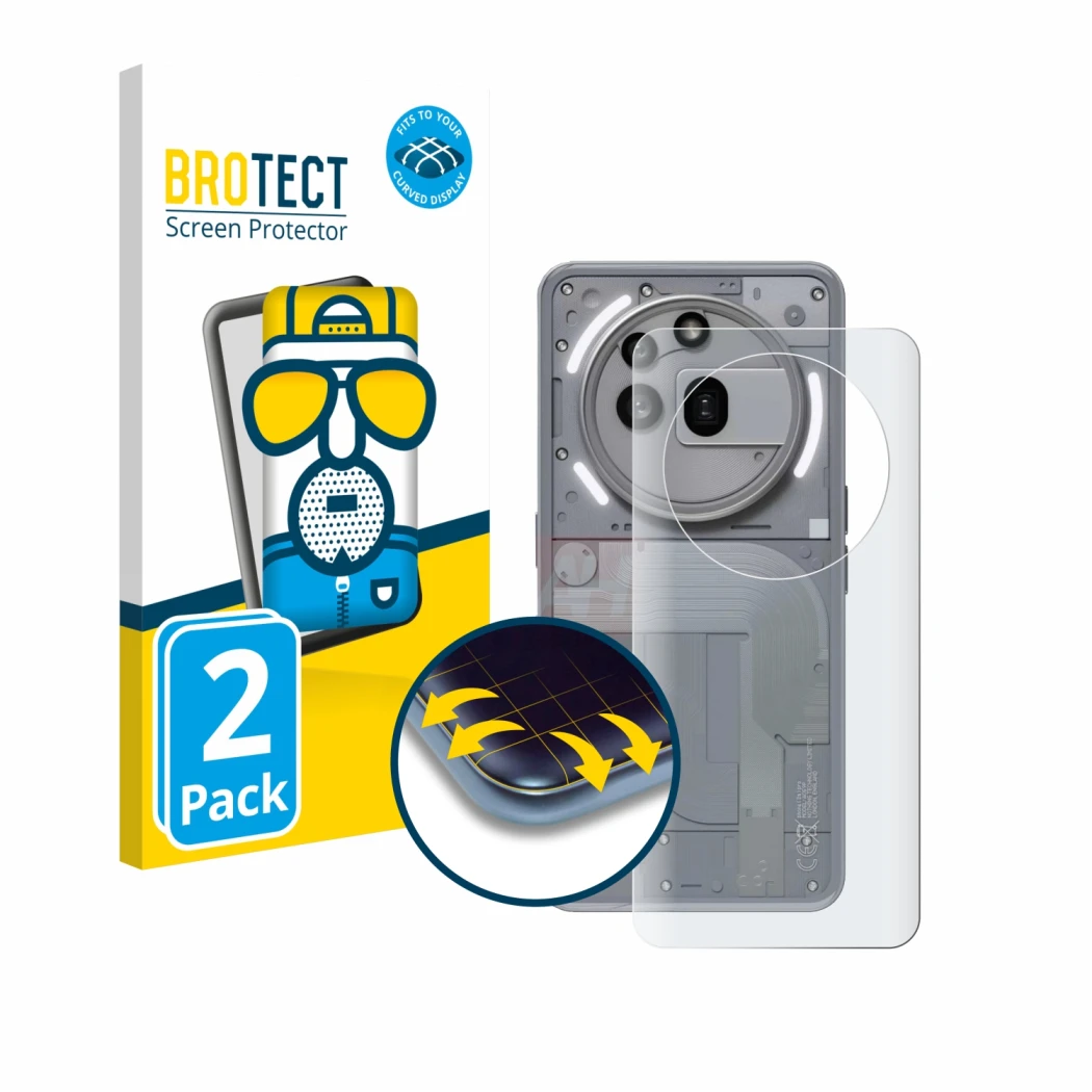 Parte frontal de un envase de producto con el logotipo de la marca BROTECT. Al lado se muestra el dispositivo Nothing Phone (3