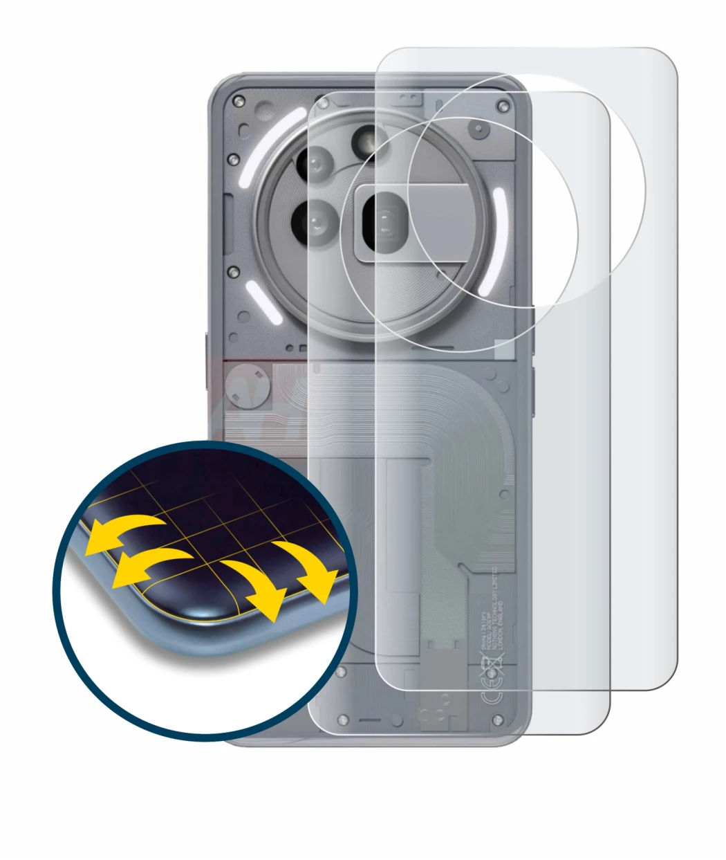 Imagen del dispositivo Nothing Phone (3a) Pro (Trasero) con una amplia variedad de protectores de pantalla.