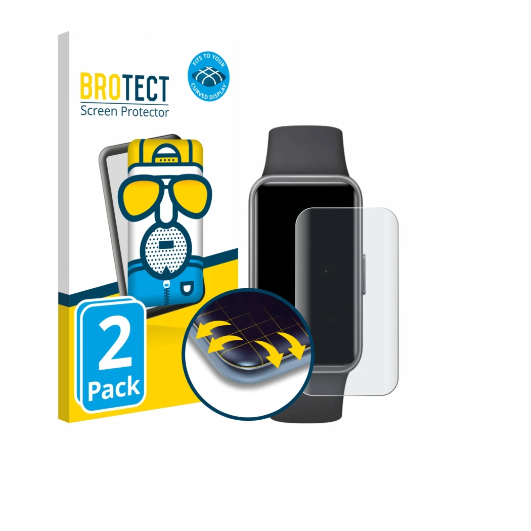 Parte frontal de un envase de producto con el logotipo de la marca BROTECT. Al lado se muestra el dispositivo Huawei Band 10 c