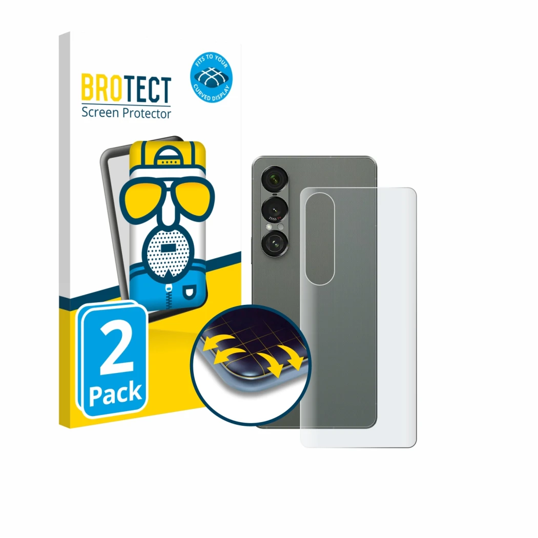 Parte frontal de un envase de producto con el logotipo de la marca BROTECT. Al lado se muestra el dispositivo Sony Xperia 1 VI