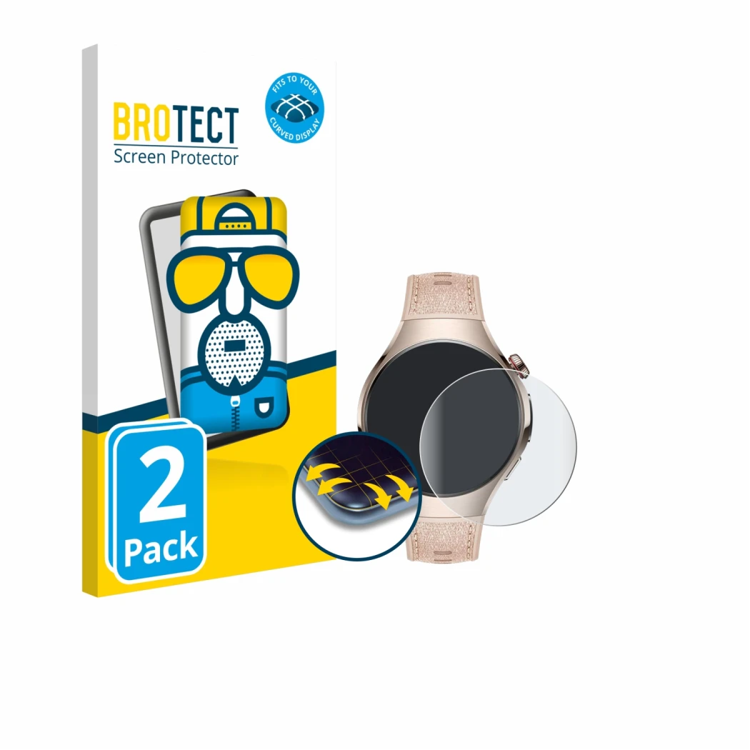 Parte frontal de un envase de producto con el logotipo de la marca BROTECT. Al lado se muestra el dispositivo Huawei Watch 5 (