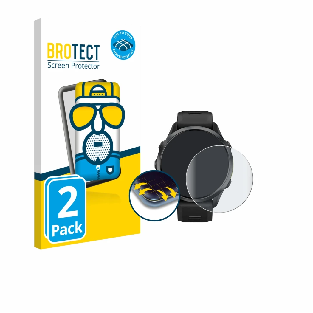 Parte frontal de un envase de producto con el logotipo de la marca BROTECT. Al lado se muestra el dispositivo Garmin Forerunne