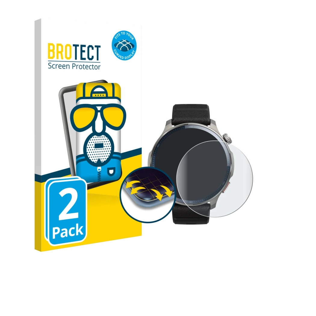 Parte frontal de un envase de producto con el logotipo de la marca BROTECT. Al lado se muestra el dispositivo Huami Amazfit Ba