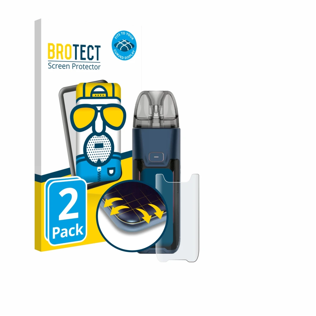 Parte frontal de un envase de producto con el logotipo de la marca BROTECT. Al lado se muestra el dispositivo Vaporesso Luxe X