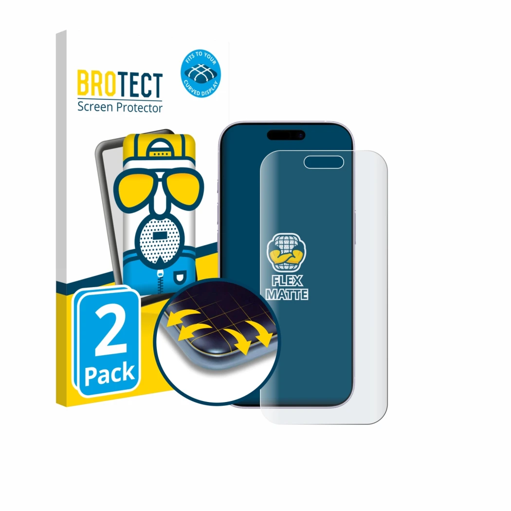 Parte frontal de un envase de producto con el logotipo de la marca BROTECT. Al lado se muestra el dispositivo Apple iPhone 17 