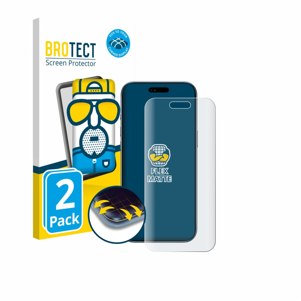 Parte frontal de un envase de producto con el logotipo de la marca BROTECT. Al lado se muestra el dispositivo Apple iPhone Air