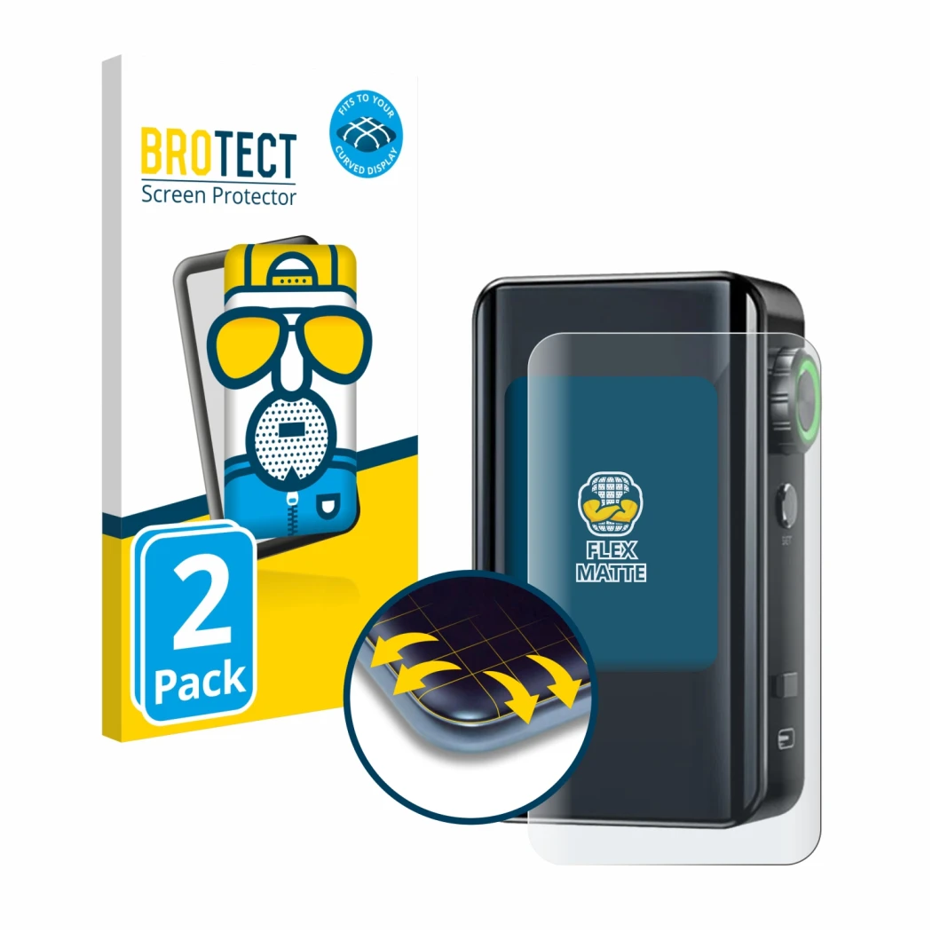 Parte frontal de un envase de producto con el logotipo de la marca BROTECT. Al lado se muestra el dispositivo Lost Vape Centau