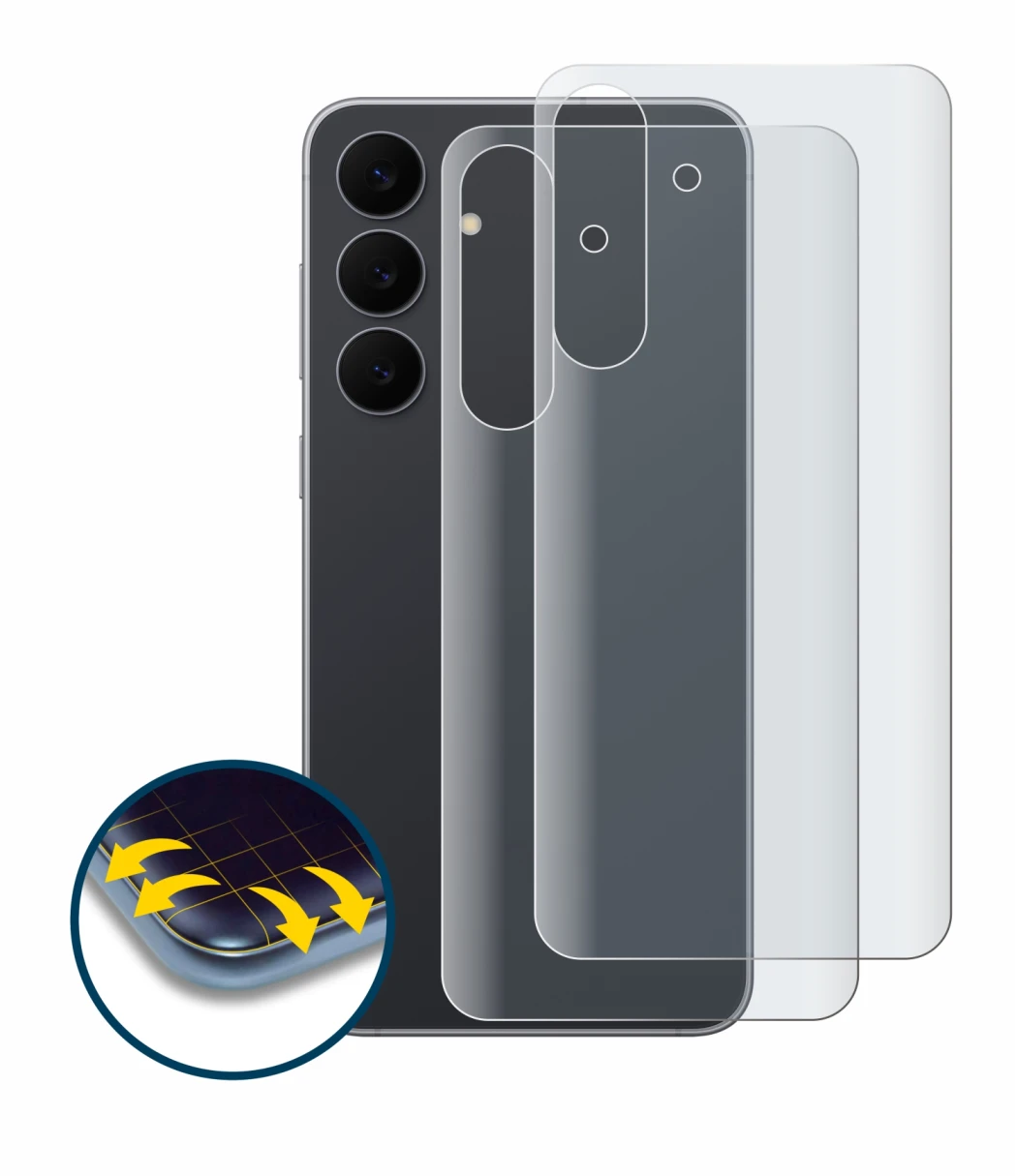 Imagen del dispositivo Samsung Galaxy S25 FE (Trasero) con una amplia variedad de protectores de pantalla.