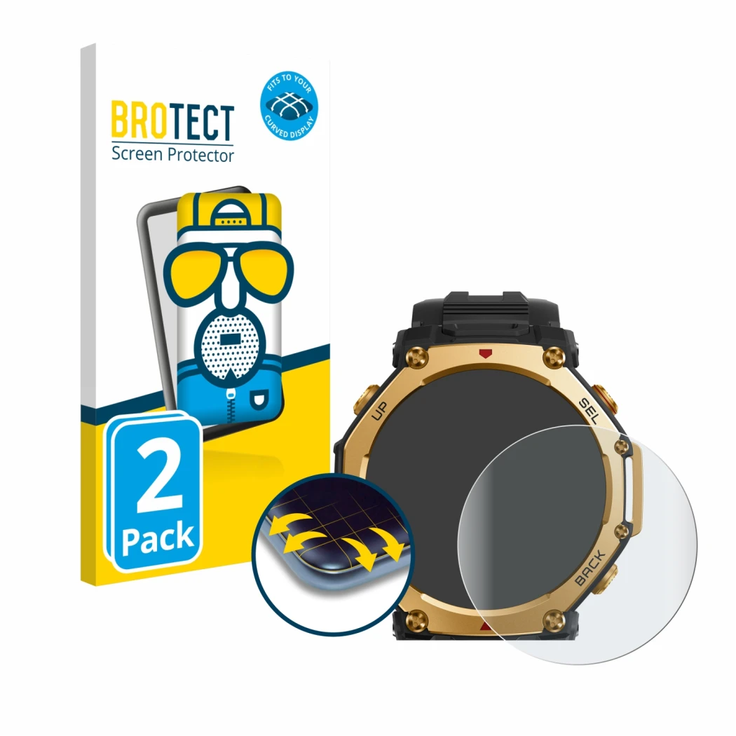 Parte frontal de un envase de producto con el logotipo de la marca BROTECT. Al lado se muestra el dispositivo Huami Amazfit T-