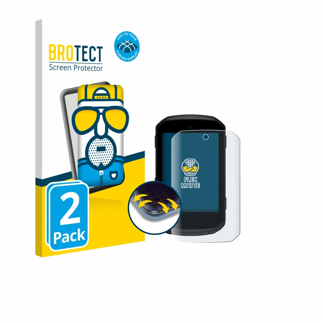 Parte frontal de un envase de producto con el logotipo de la marca BROTECT. Al lado se muestra el dispositivo Garmin Edge 850 