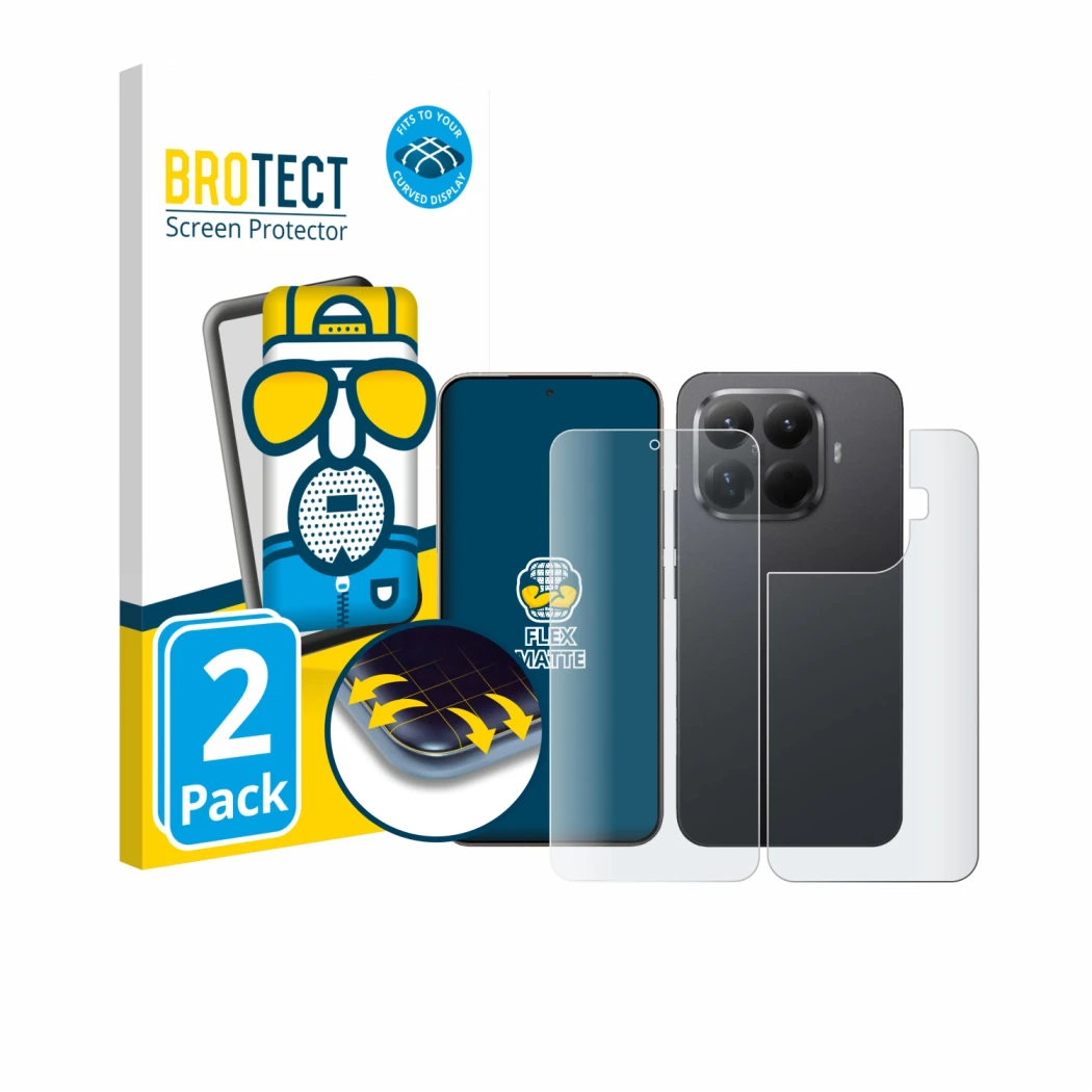 Parte frontal de un envase de producto con el logotipo de la marca BROTECT. Al lado se muestra el dispositivo Xiaomi 15T Pro (