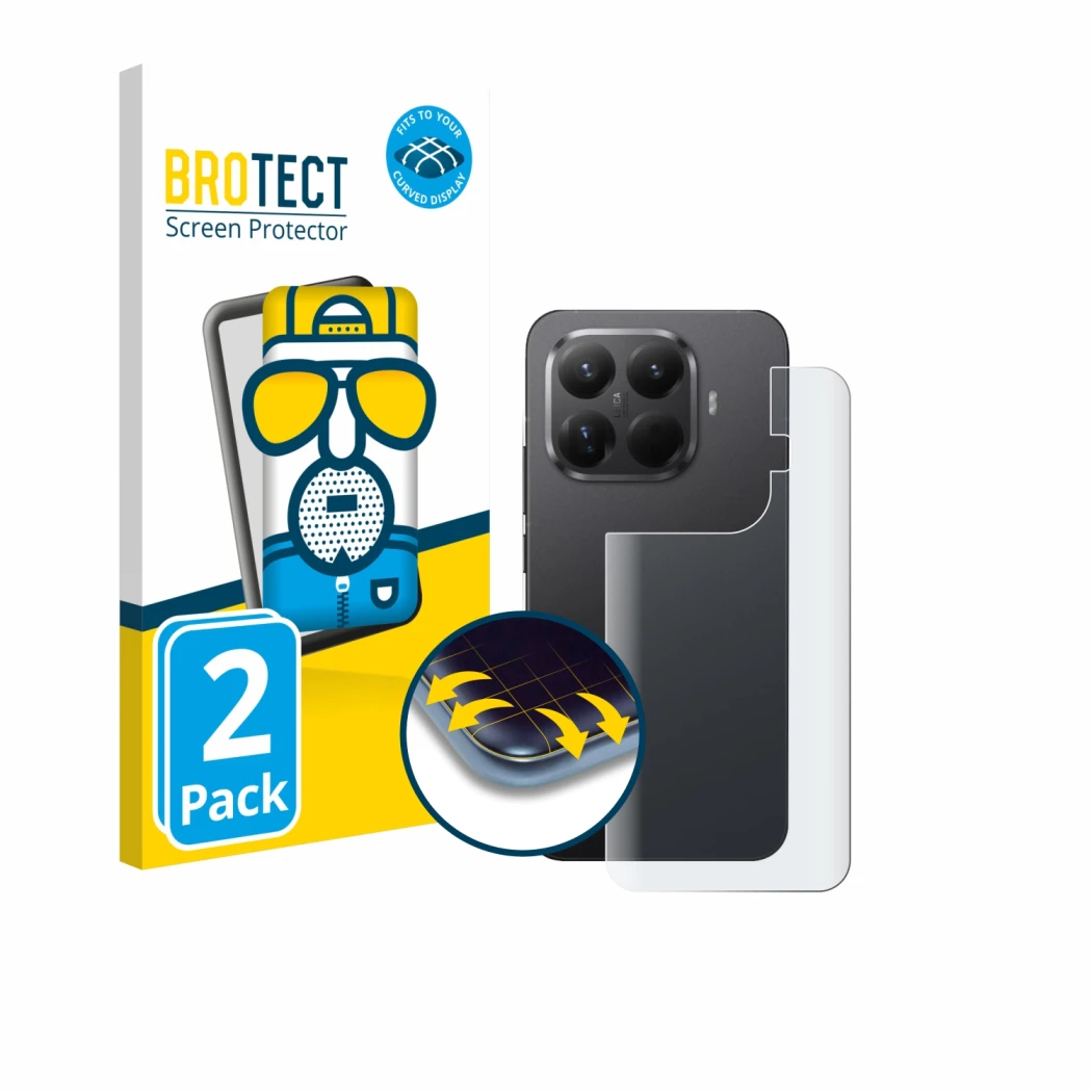 Parte frontal de un envase de producto con el logotipo de la marca BROTECT. Al lado se muestra el dispositivo Xiaomi 15T Pro (