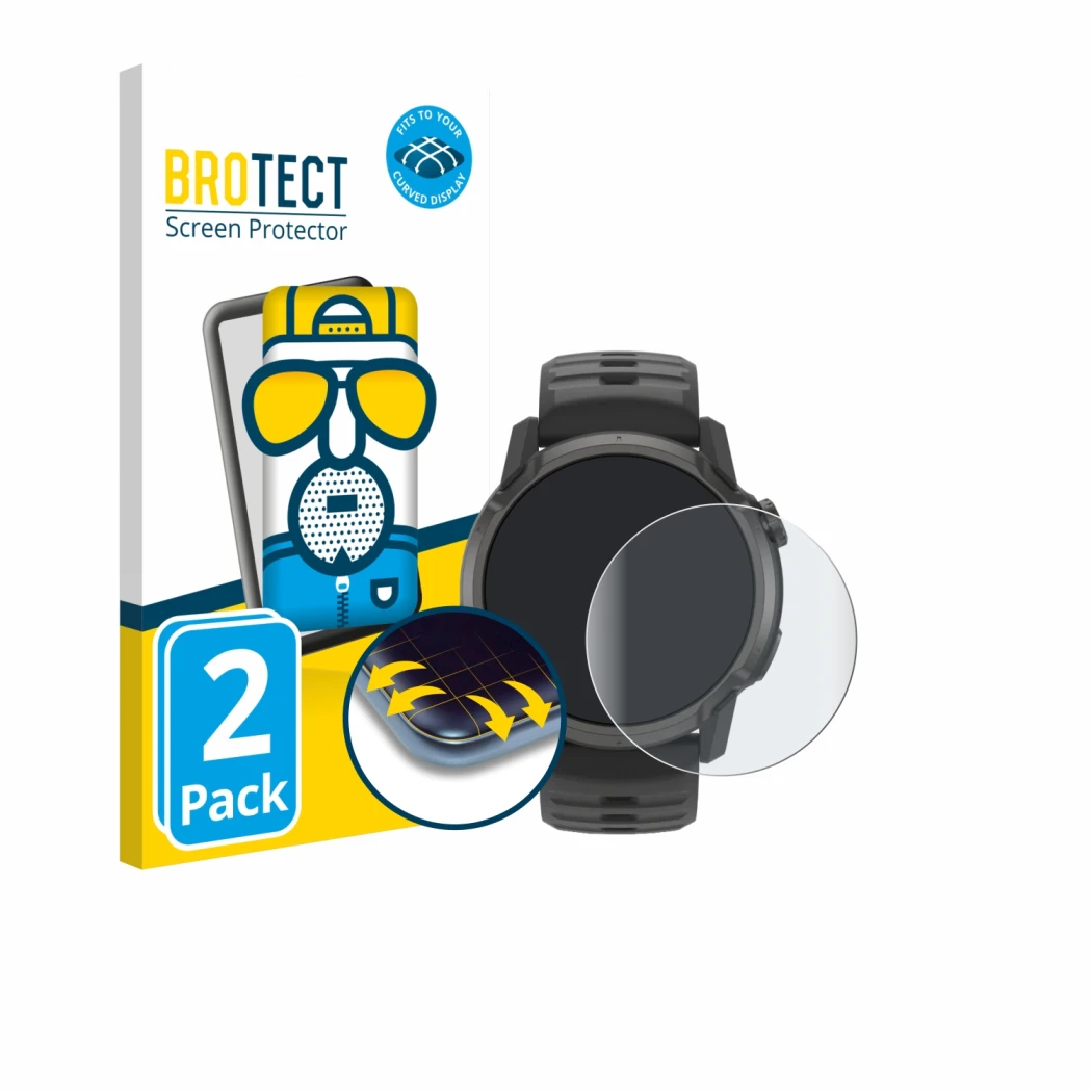 Parte frontal de un envase de producto con el logotipo de la marca BROTECT. Al lado se muestra el dispositivo Coros Apex 4 (42