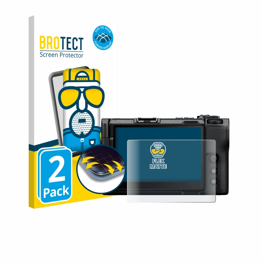 Parte frontal de un envase de producto con el logotipo de la marca BROTECT. Al lado se muestra el dispositivo Nikon ZR con su 