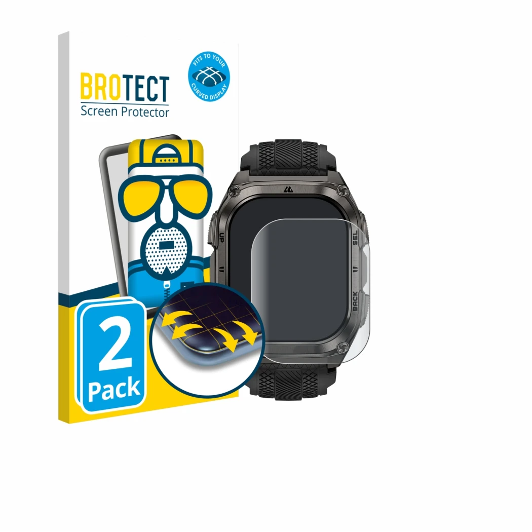 Parte frontal de un envase de producto con el logotipo de la marca BROTECT. Al lado se muestra el dispositivo Kospet Tank M4 c