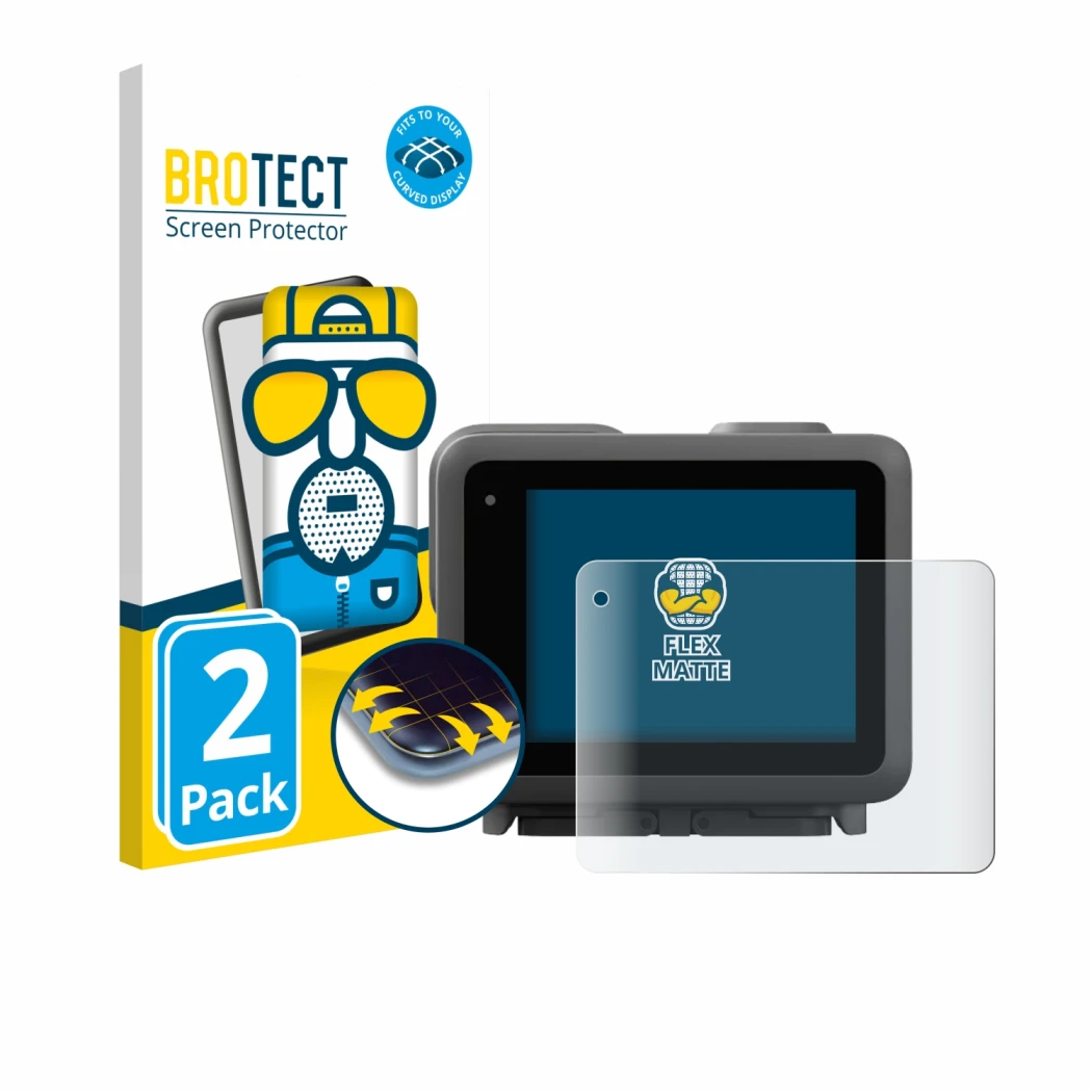 Parte frontal de un envase de producto con el logotipo de la marca BROTECT. Al lado se muestra el dispositivo GoPro Lit Hero c