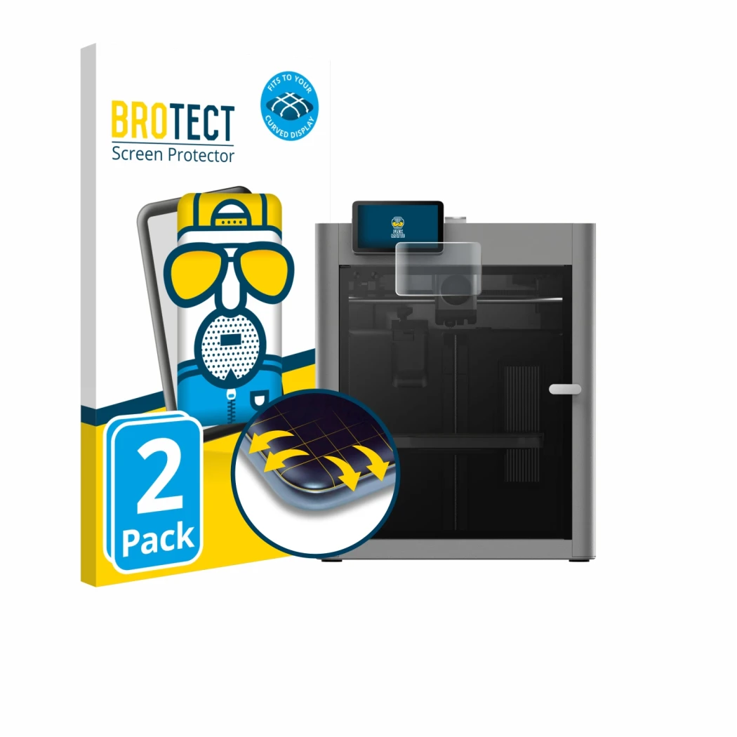 Parte frontal de un envase de producto con el logotipo de la marca BROTECT. Al lado se muestra el dispositivo Bambu Lab P2S 3D