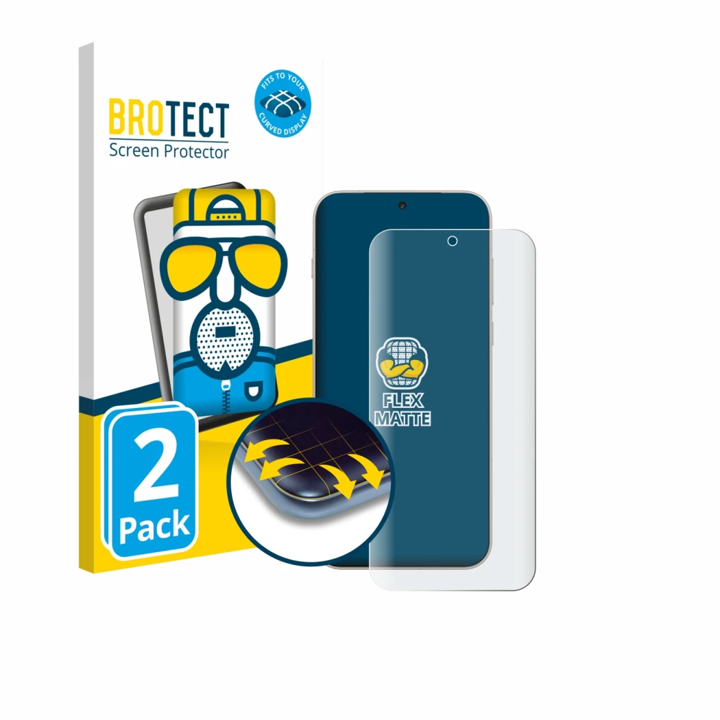 Parte frontal de un envase de producto con el logotipo de la marca BROTECT. Al lado se muestra el dispositivo OnePlus 15 con s